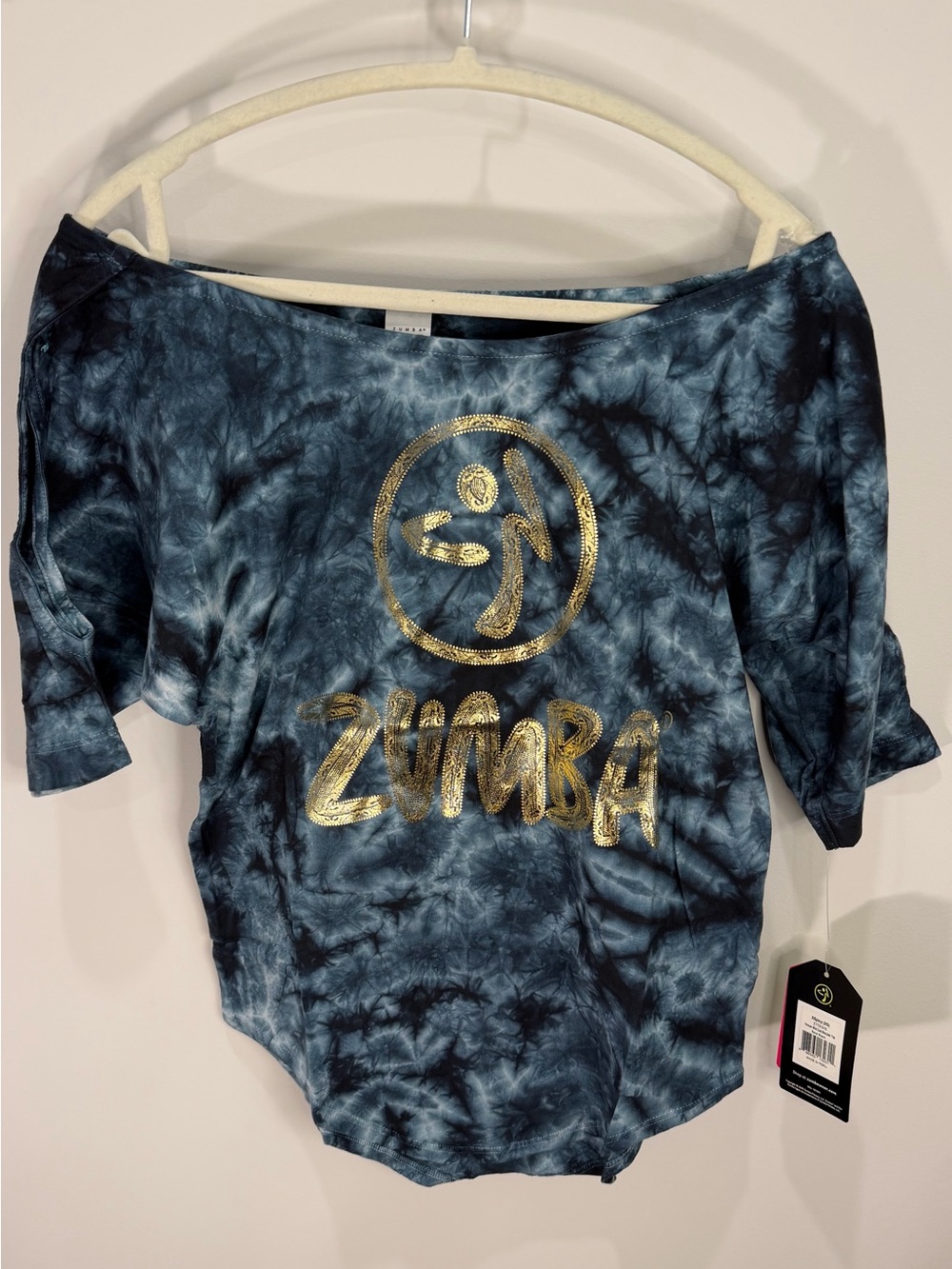 Size XS Women’s Zumba Wear Tie Dye Off Shoulder Top Go Logo Short Sleeve Cotton